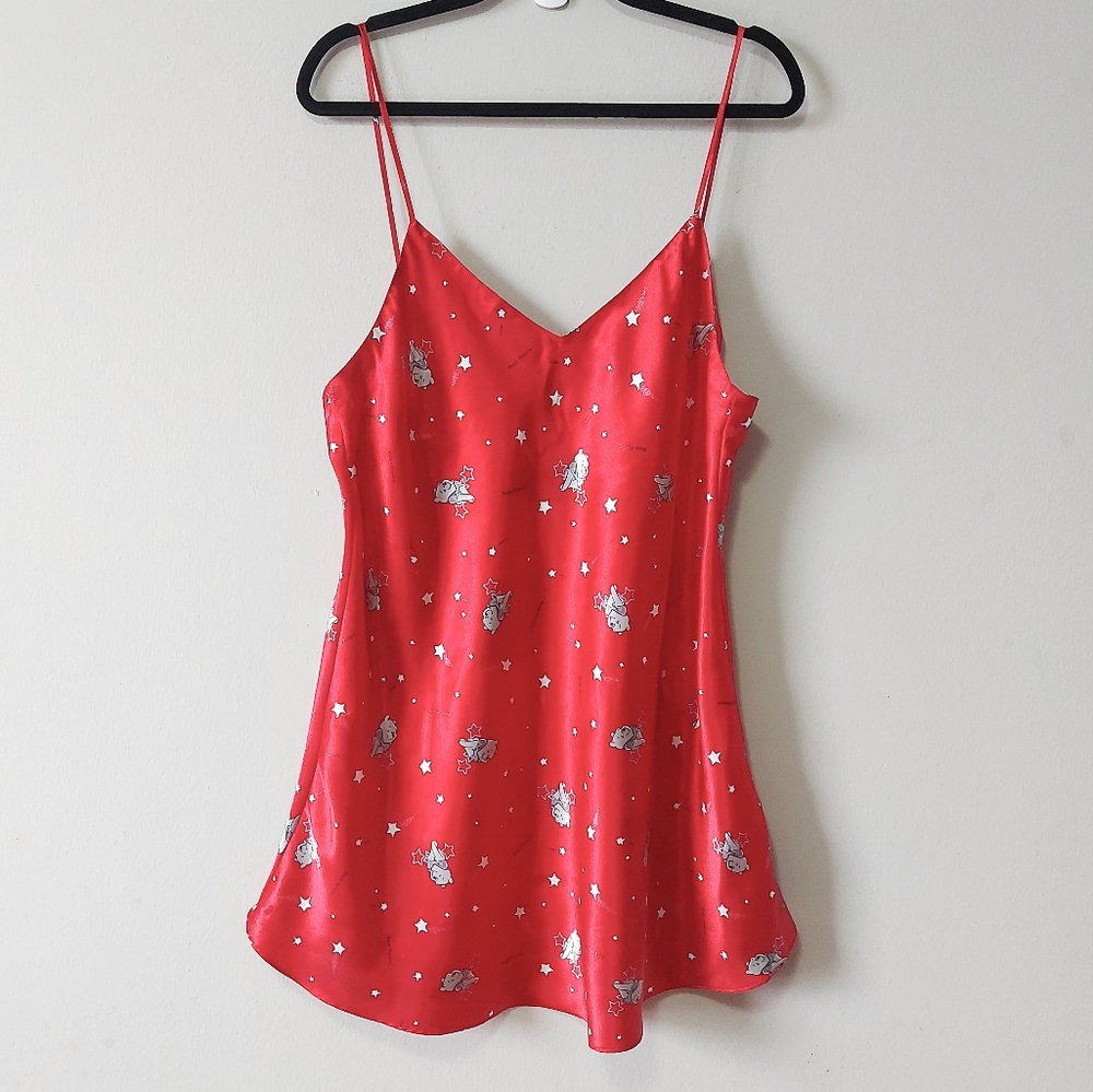 VTG Disney Winnie The Pooh Stars Spaghetti Strap Red Satin Slip Dress Large